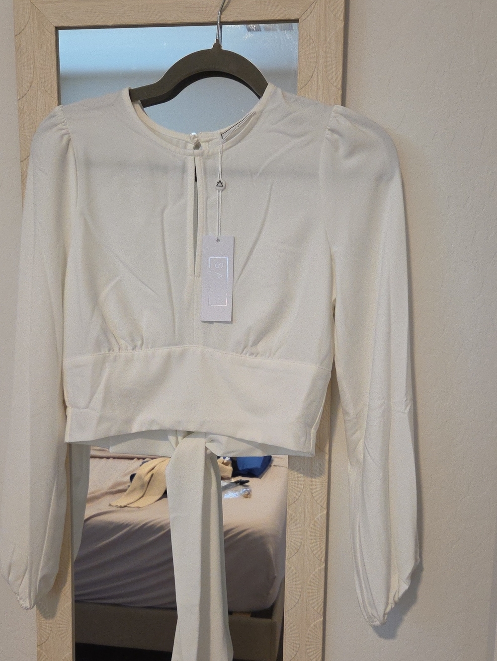 Sage Ivory Long-Sleeve Tie-Back Cropped Blouse